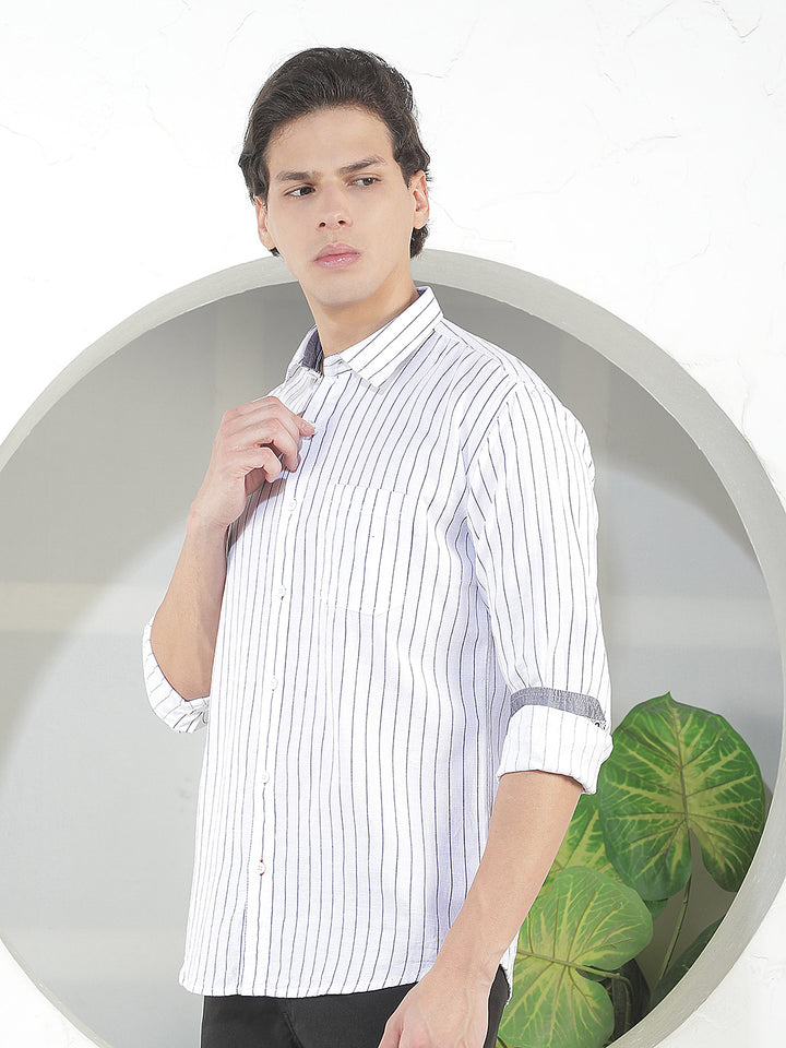 WHITE STRIPED SLIM-FIT CASUAL SHIRT