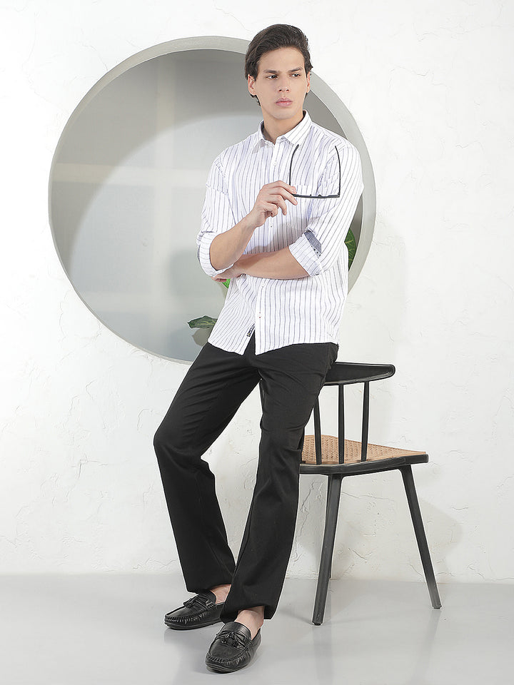 WHITE STRIPED SLIM-FIT CASUAL SHIRT