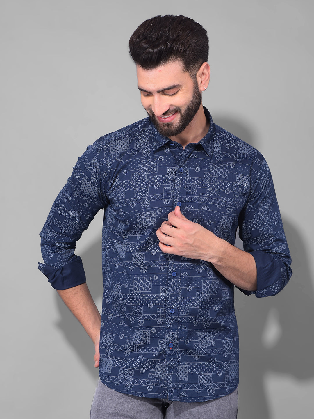 cobb navy blue printed slim fit casual shirt