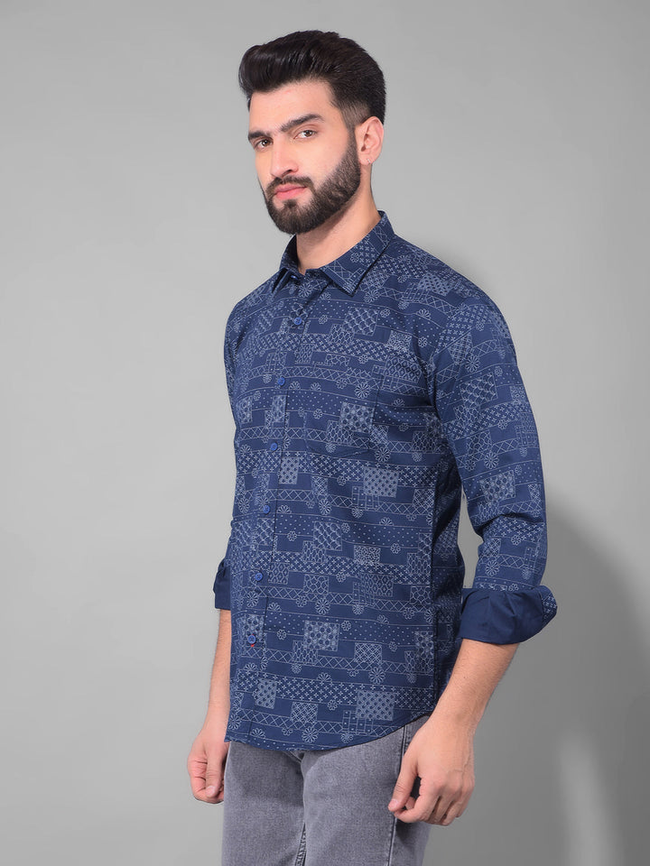 cobb navy blue printed slim fit casual shirt