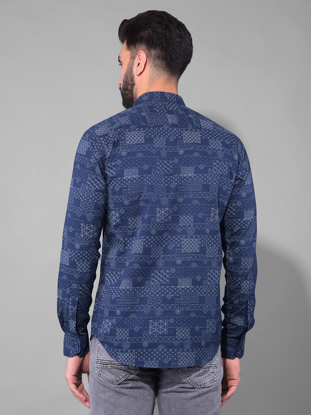 cobb navy blue printed slim fit casual shirt