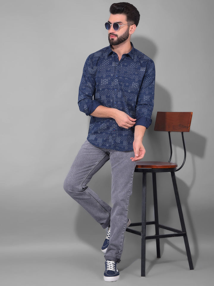 cobb navy blue printed slim fit casual shirt