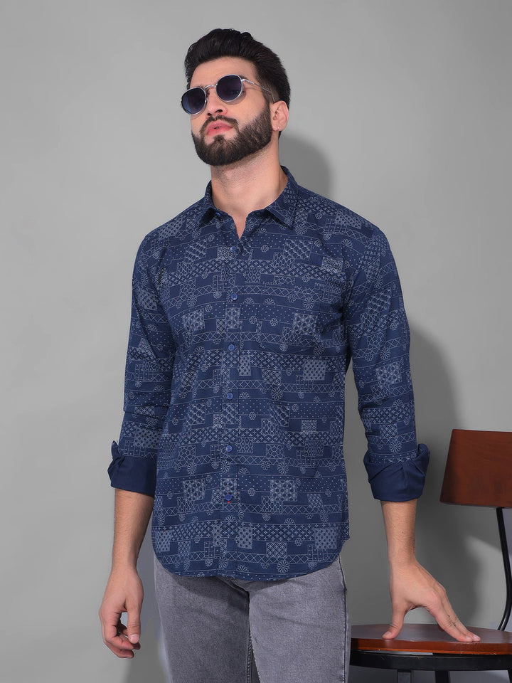 COBB NAVY BLUE PRINTED SLIM FIT CASUAL SHIRT