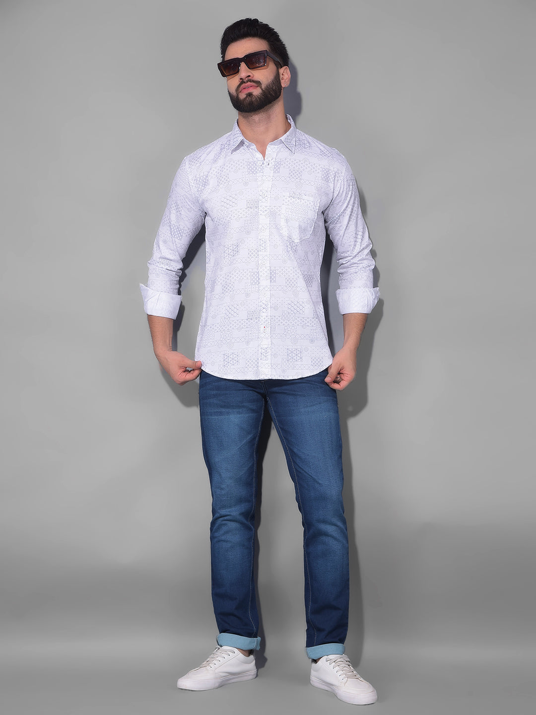 cobb white printed slim fit casual shirt