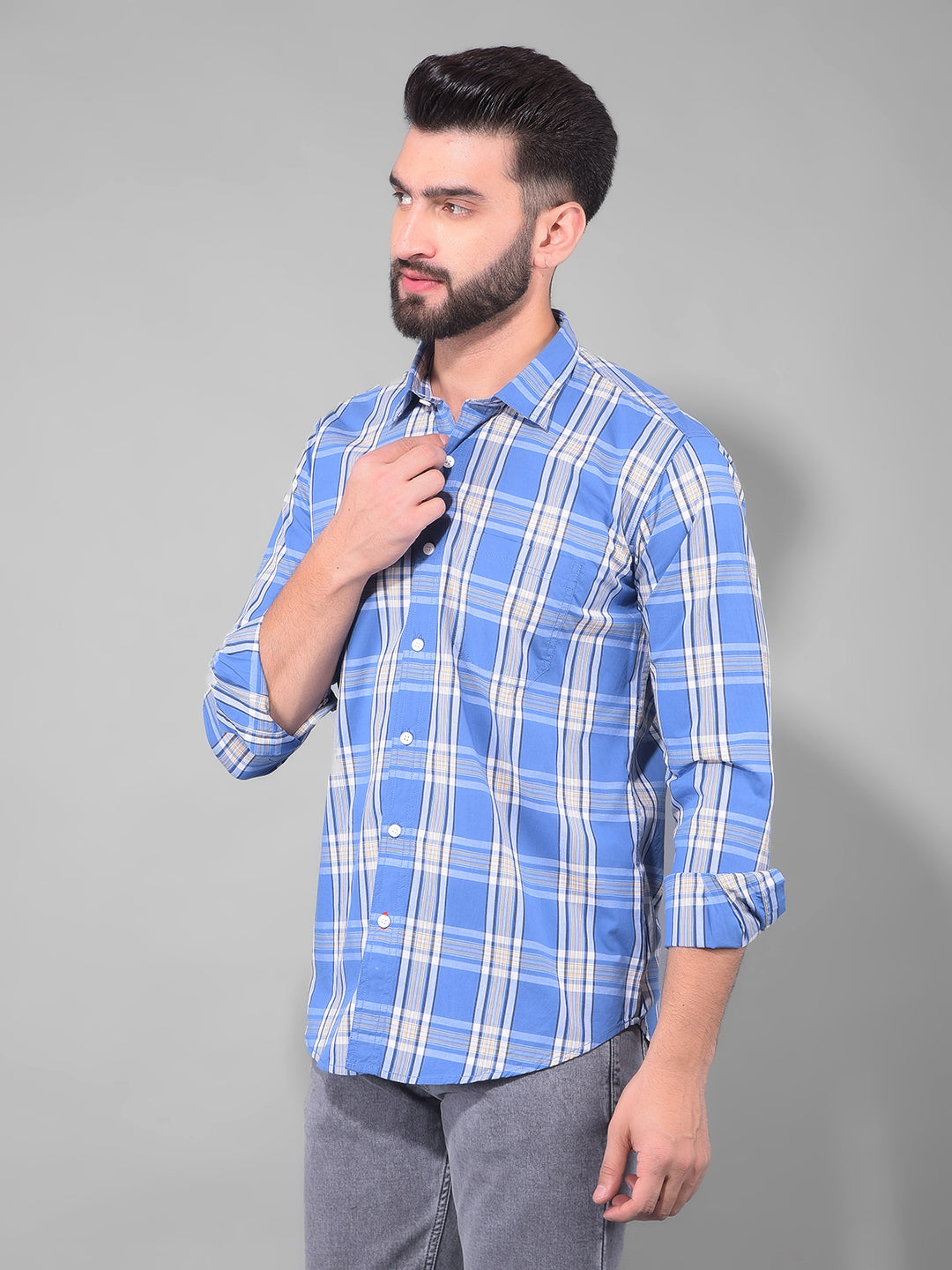 cobb light cobalt blue checked slim fit casual shirt