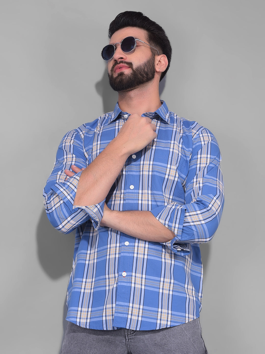 COBB LIGHT COBALT BLUE CHECKED SLIM FIT CASUAL SHIRT