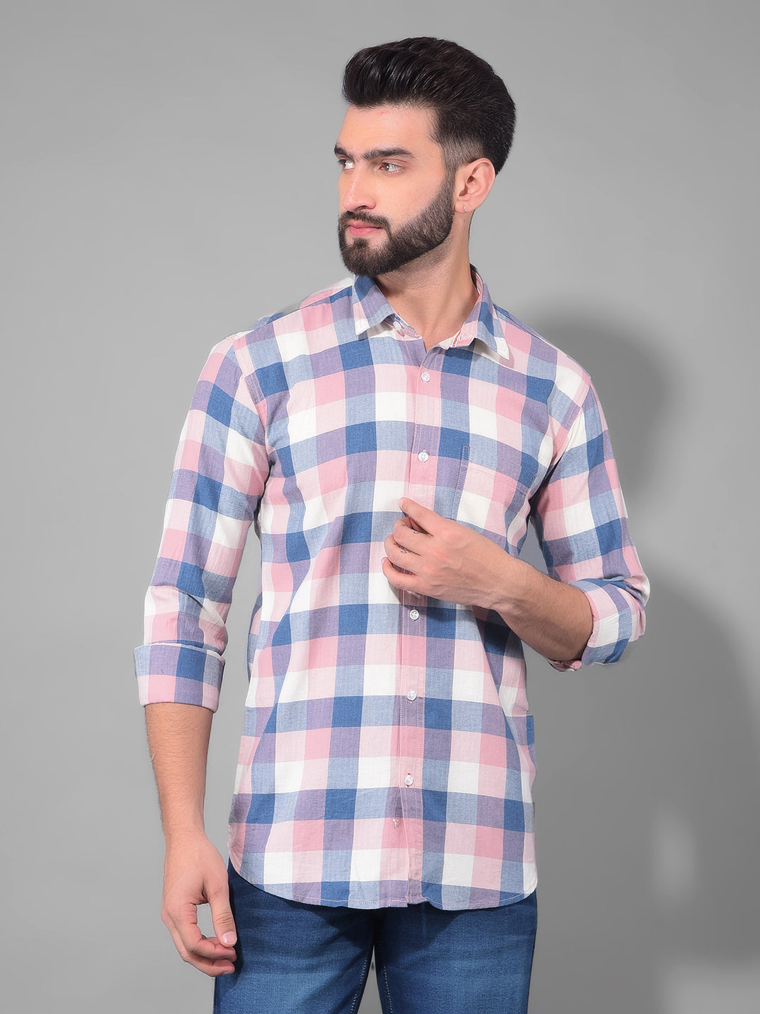 cobb light mauve checked slim fit casual shirt