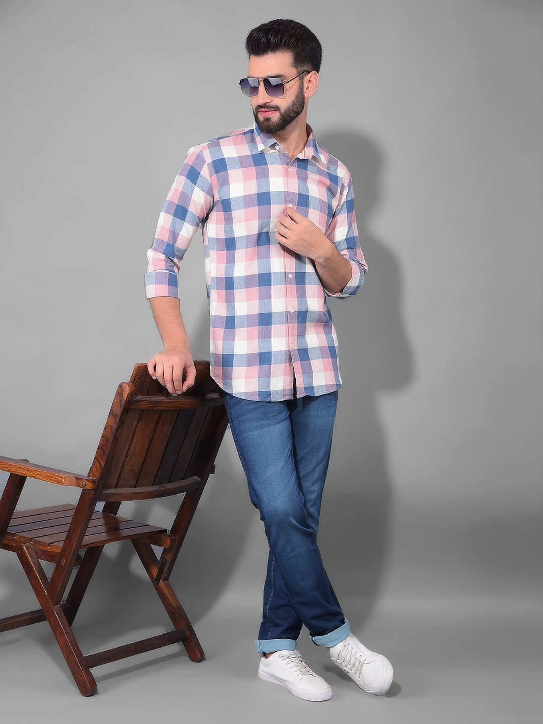 cobb light mauve checked slim fit casual shirt