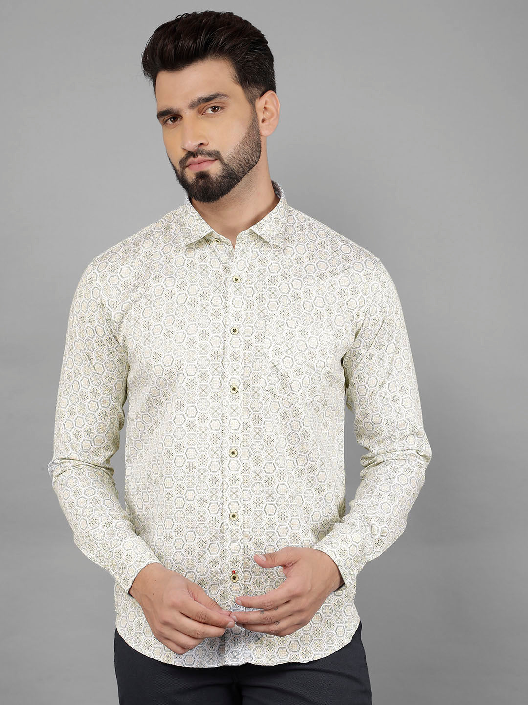 cobb beige printed slim-fit casual shirt