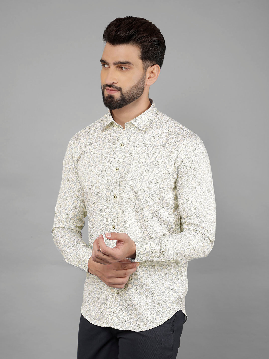 cobb beige printed slim-fit casual shirt