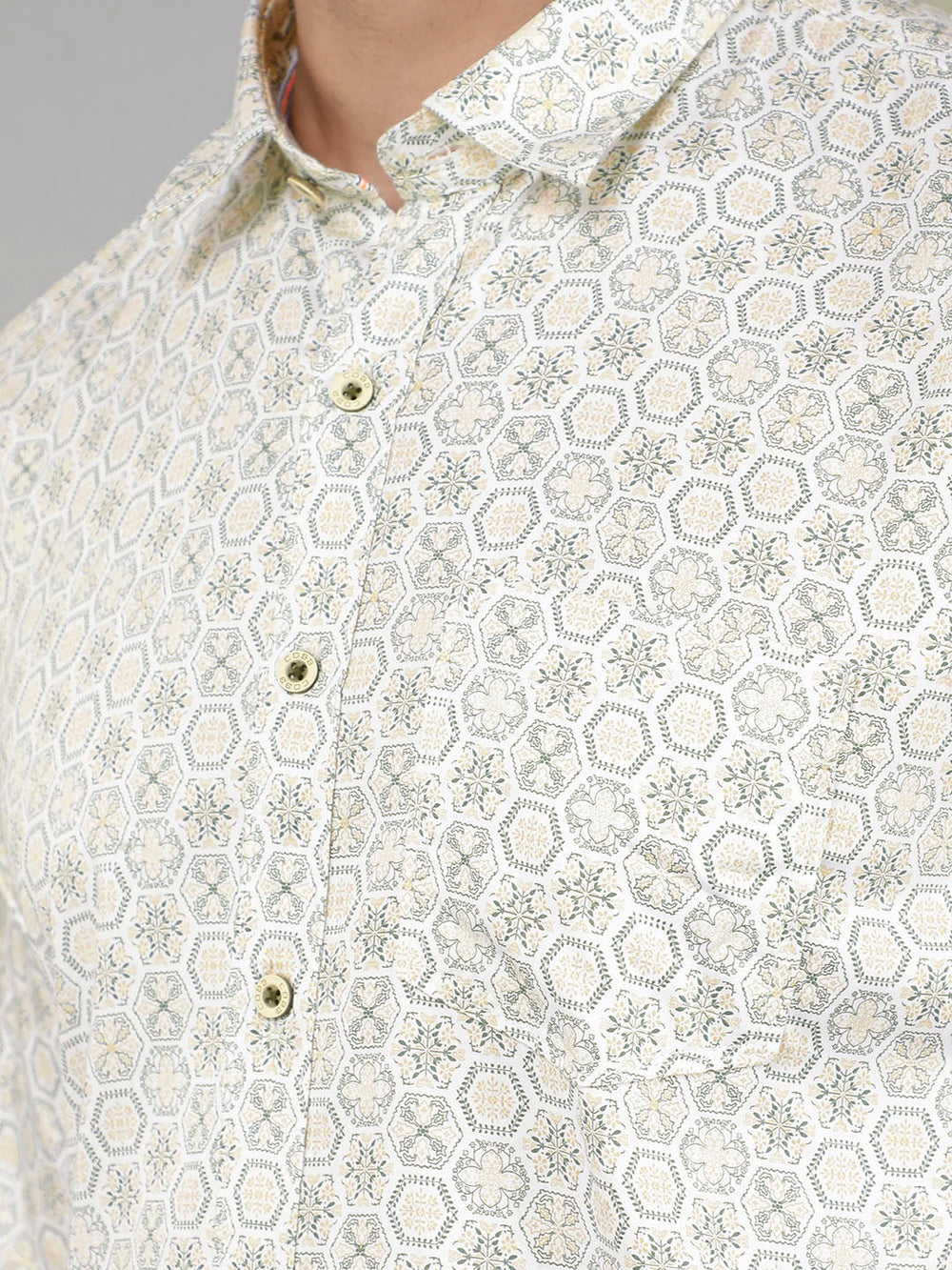 cobb beige printed slim-fit casual shirt