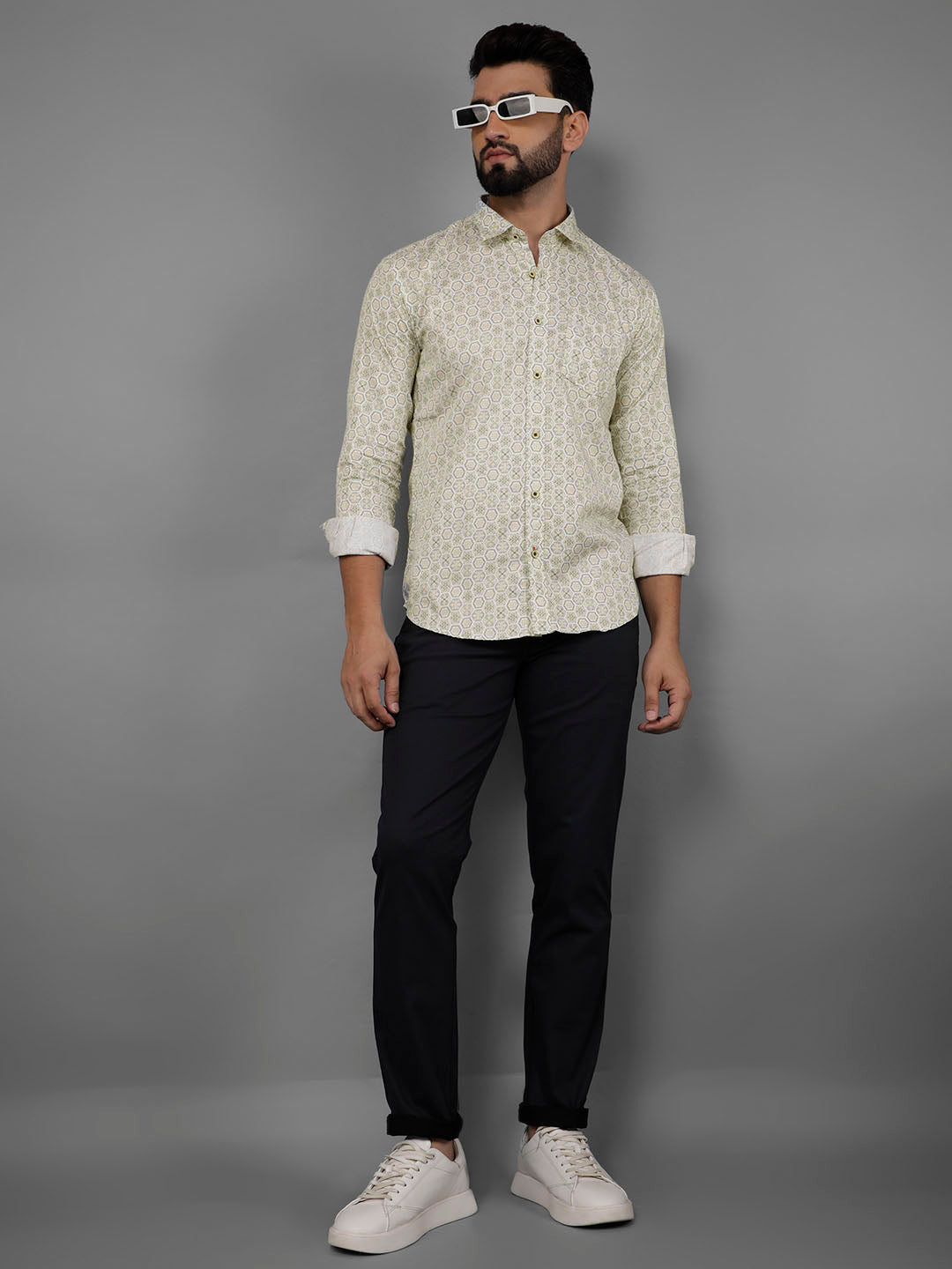 COBB BEIGE PRINTED SLIM-FIT CASUAL SHIRT