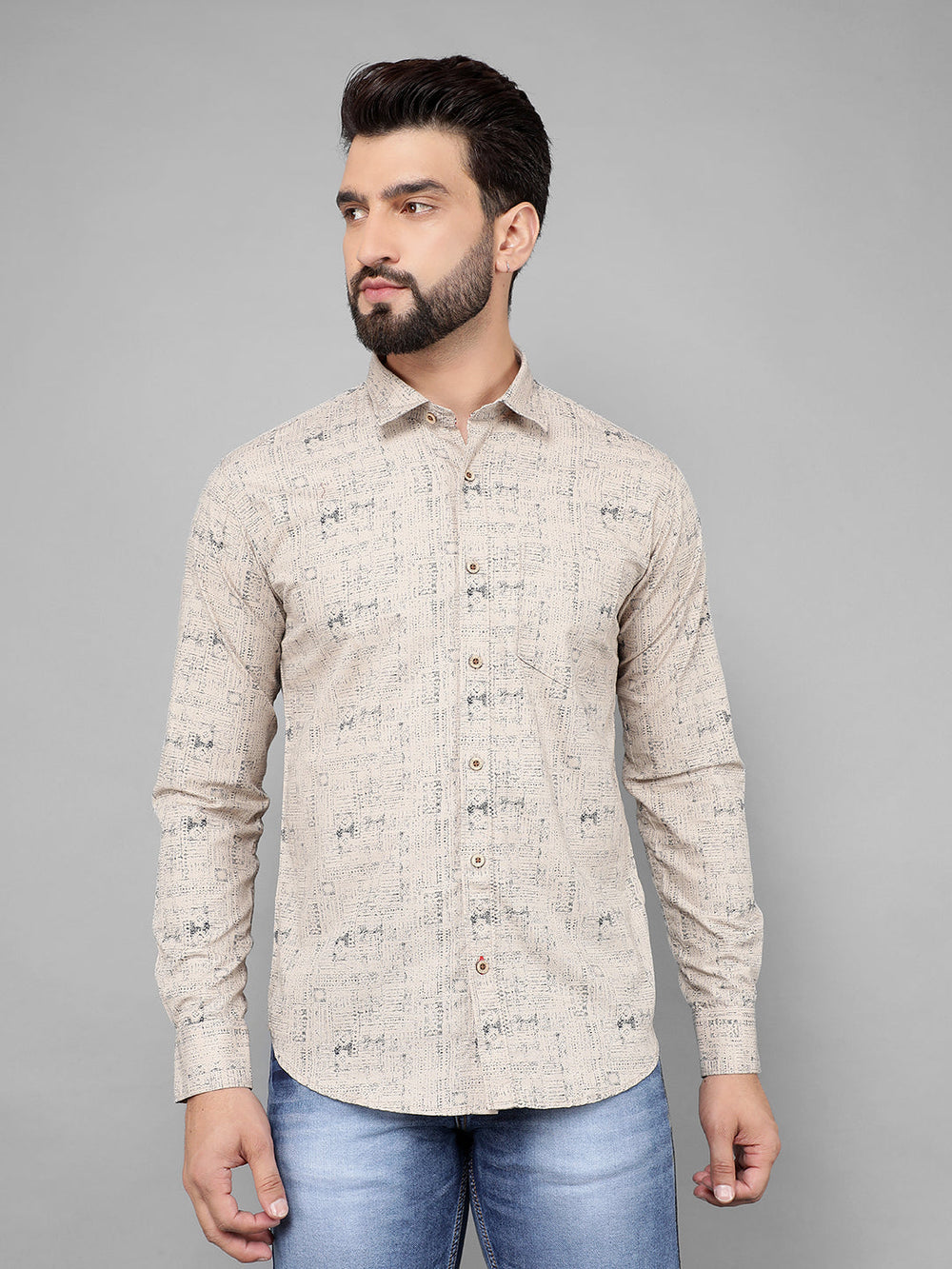 cobb dark beige printed slim-fit casual shirt