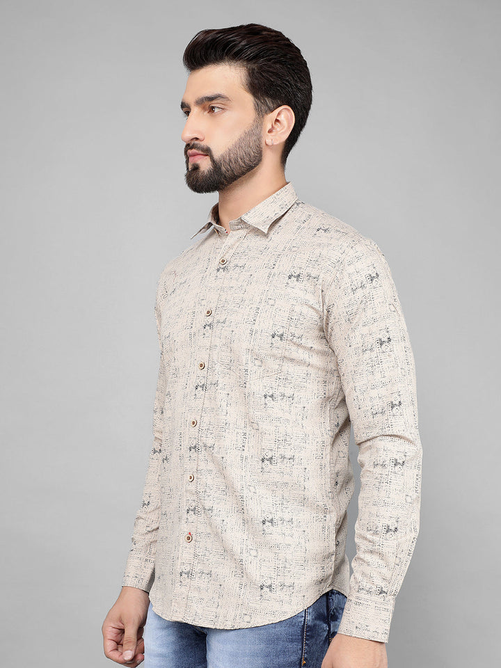 cobb dark beige printed slim-fit casual shirt