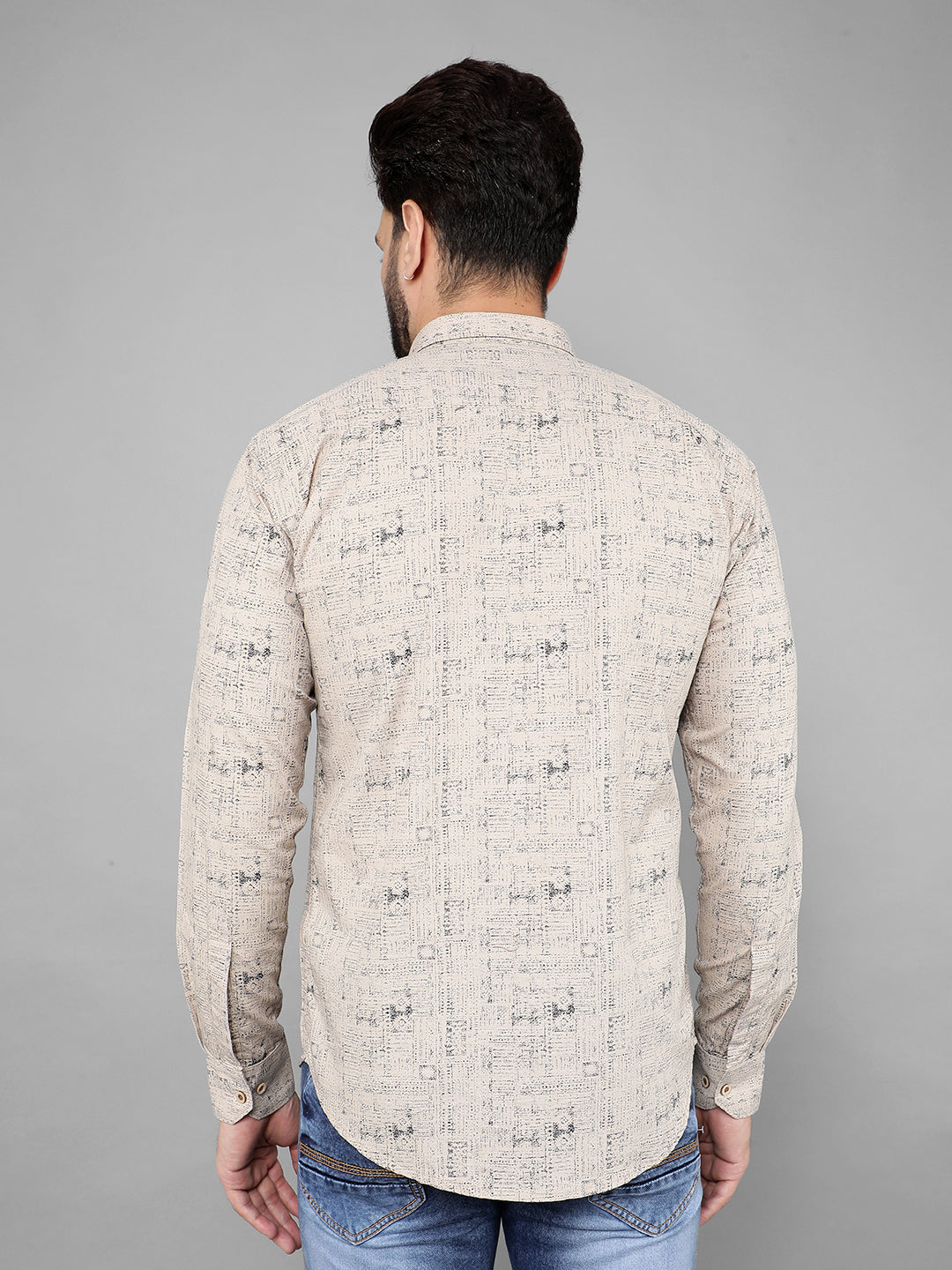 cobb dark beige printed slim-fit casual shirt