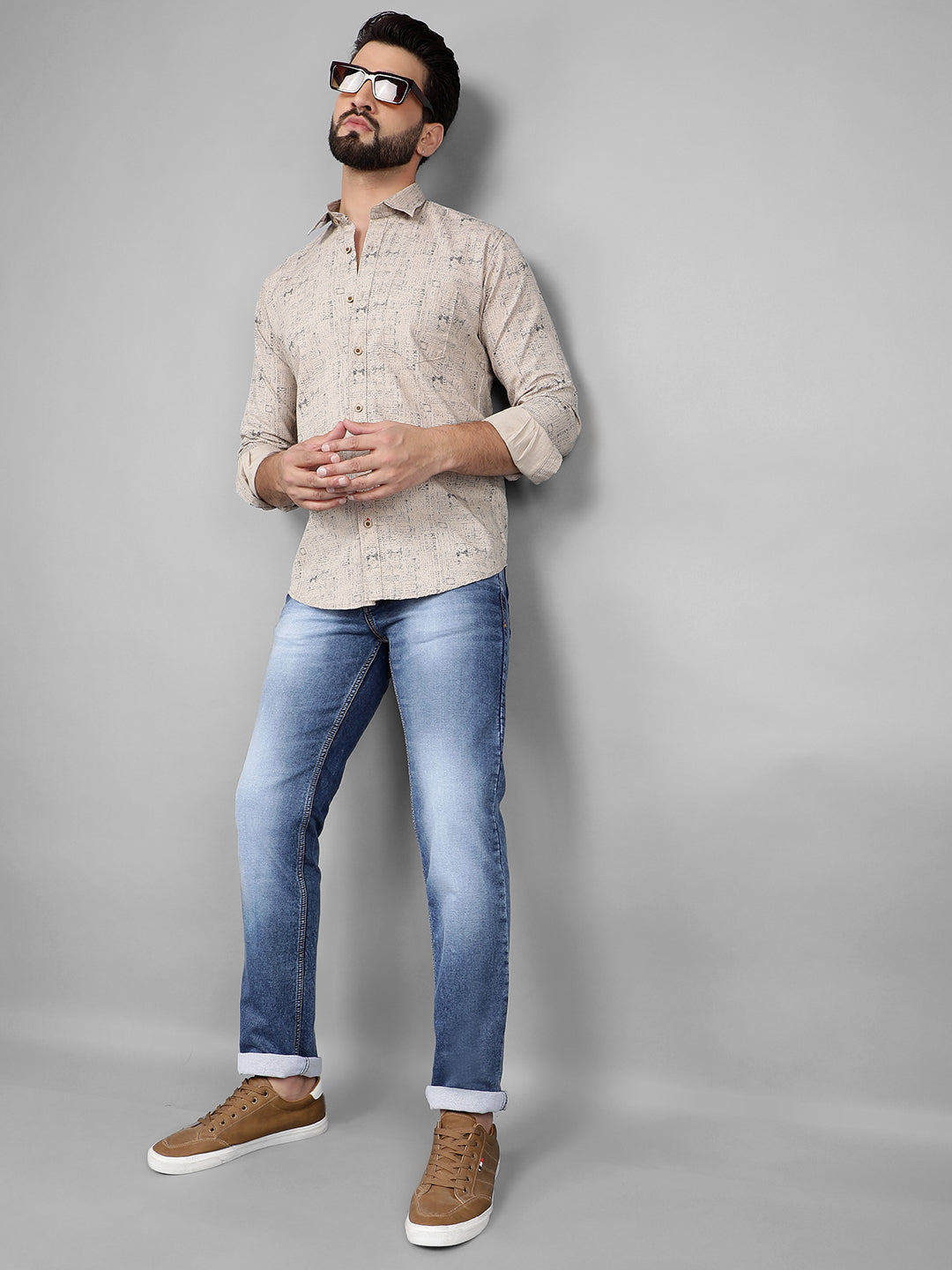 COBB DARK BEIGE PRINTED SLIM-FIT CASUAL SHIRT