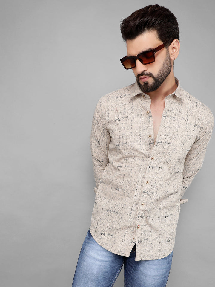 COBB DARK BEIGE PRINTED SLIM-FIT CASUAL SHIRT