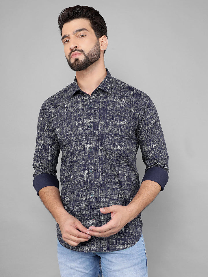 cobb navy blue printed slim-fit casual shirt