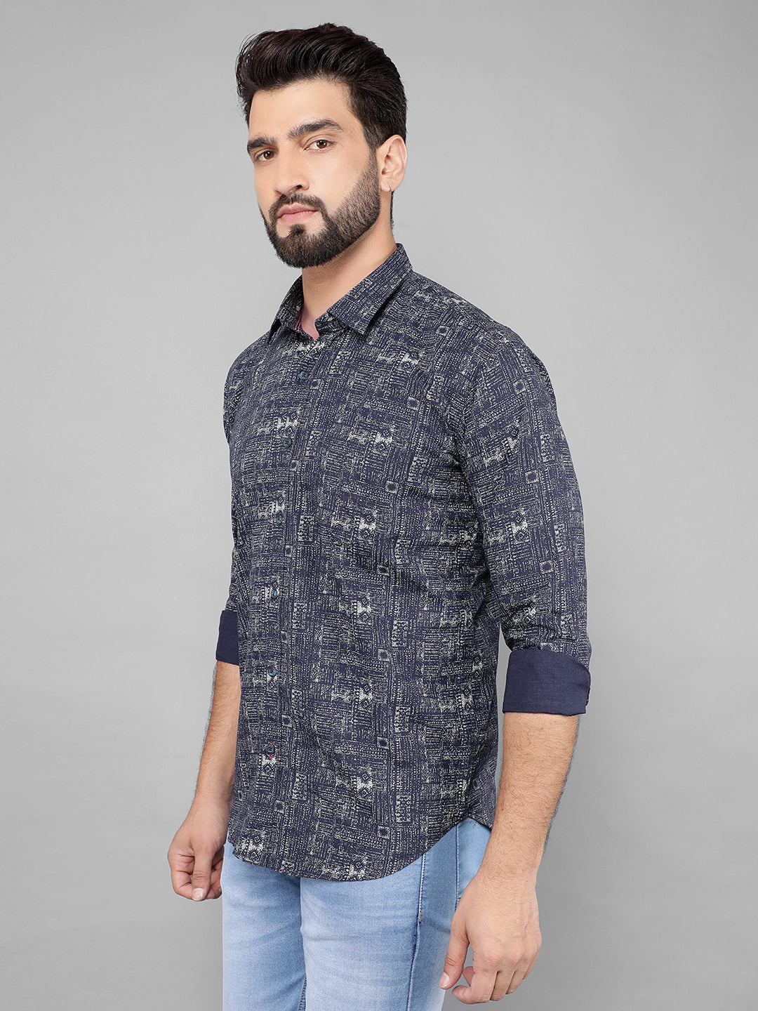 cobb navy blue printed slim-fit casual shirt