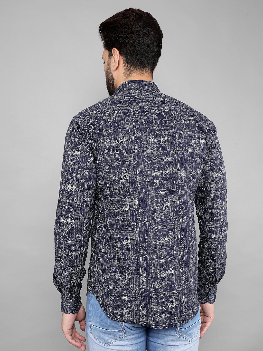 cobb navy blue printed slim-fit casual shirt