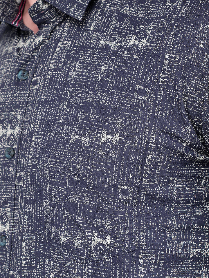 cobb navy blue printed slim-fit casual shirt