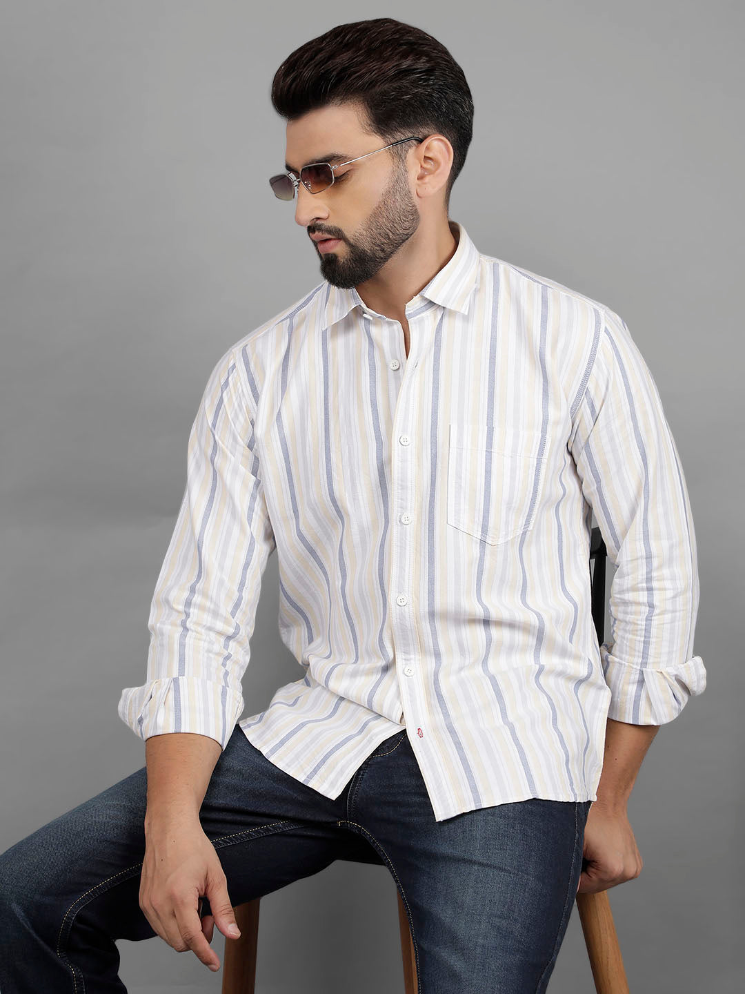 COBB YELLOW STRIPED SLIM-FIT CASUAL SHIRT