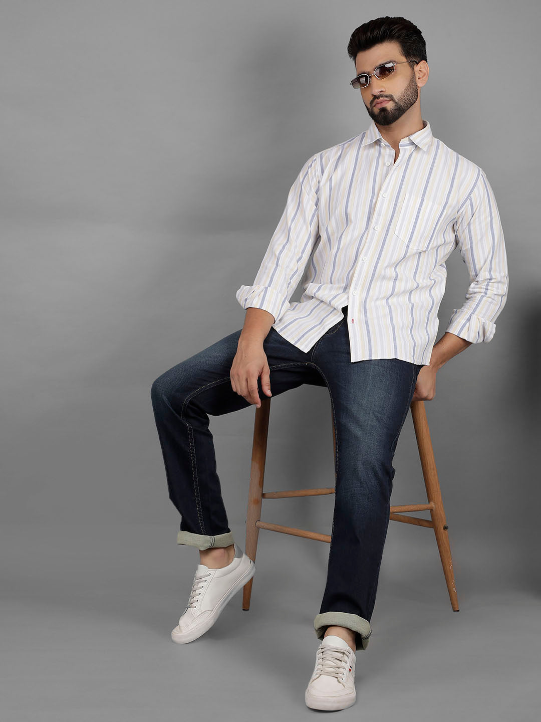 COBB YELLOW STRIPED SLIM-FIT CASUAL SHIRT