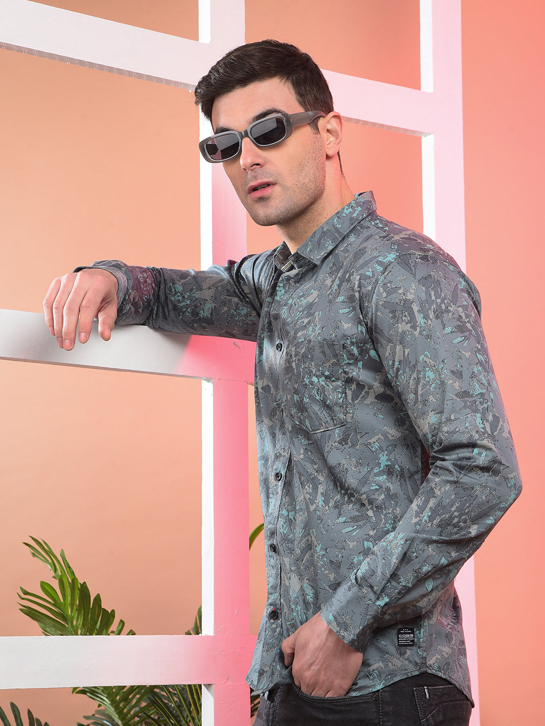 cobb olive printed slim-fit casual shirt