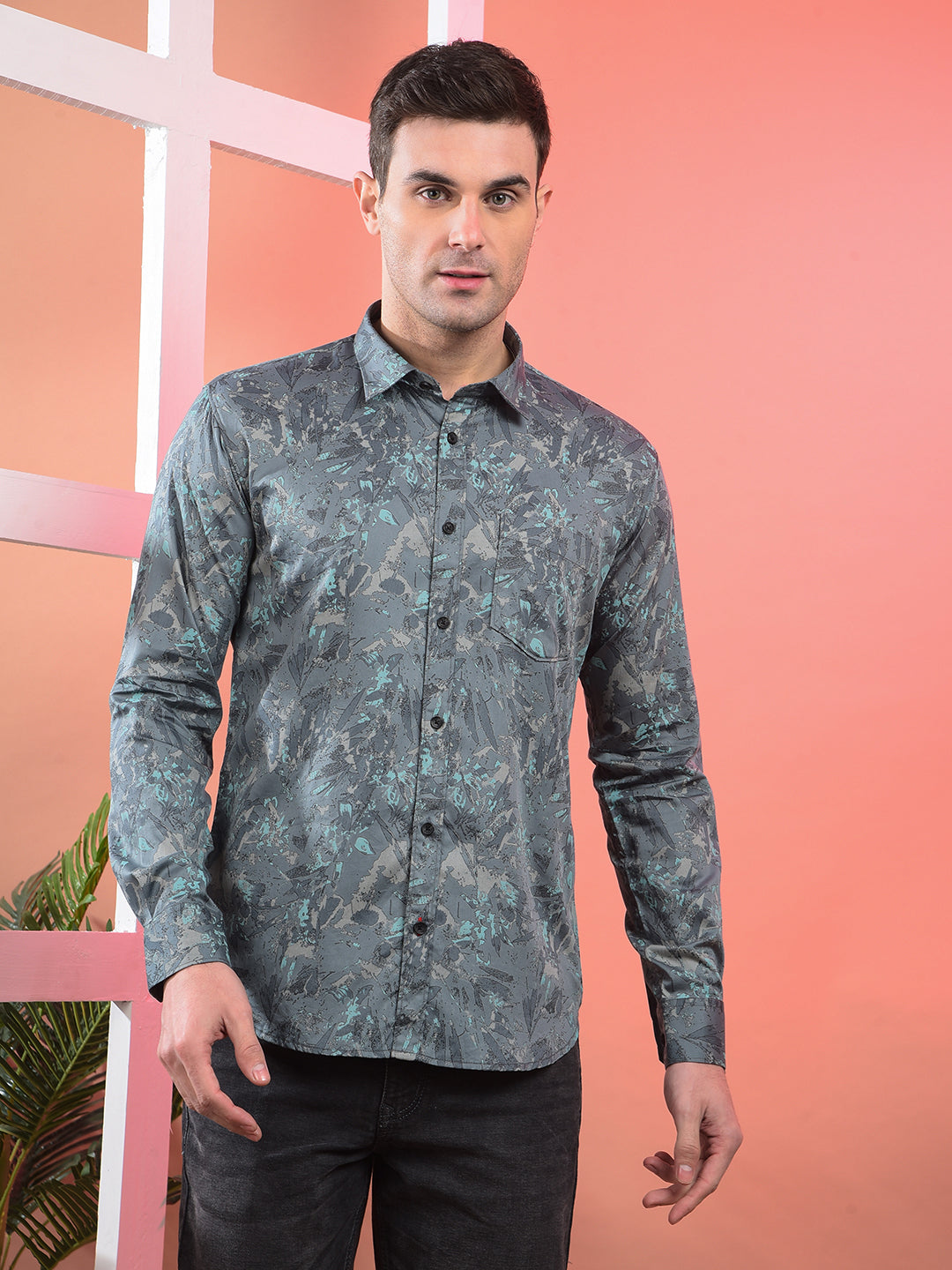 cobb olive printed slim-fit casual shirt