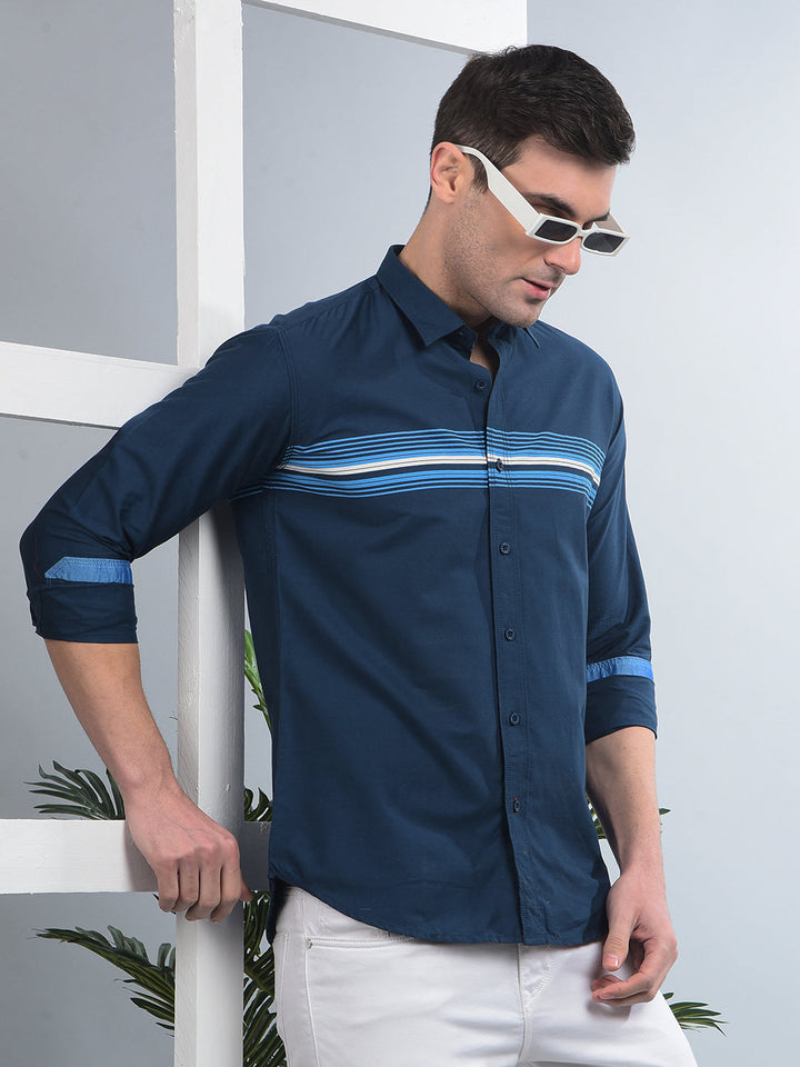 cobb navy blue striped slim-fit casual shirt