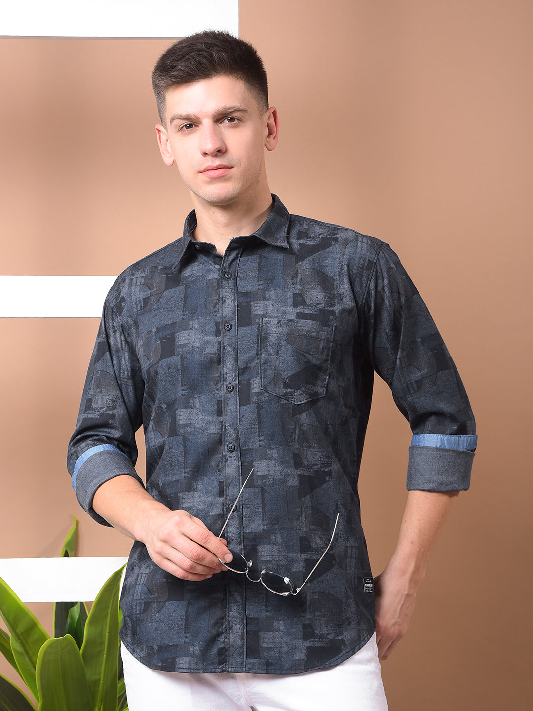 cobb dark grey printed slim-fit casual shirt