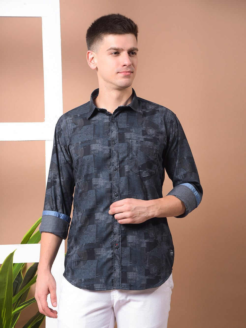 cobb dark grey printed slim-fit casual shirt