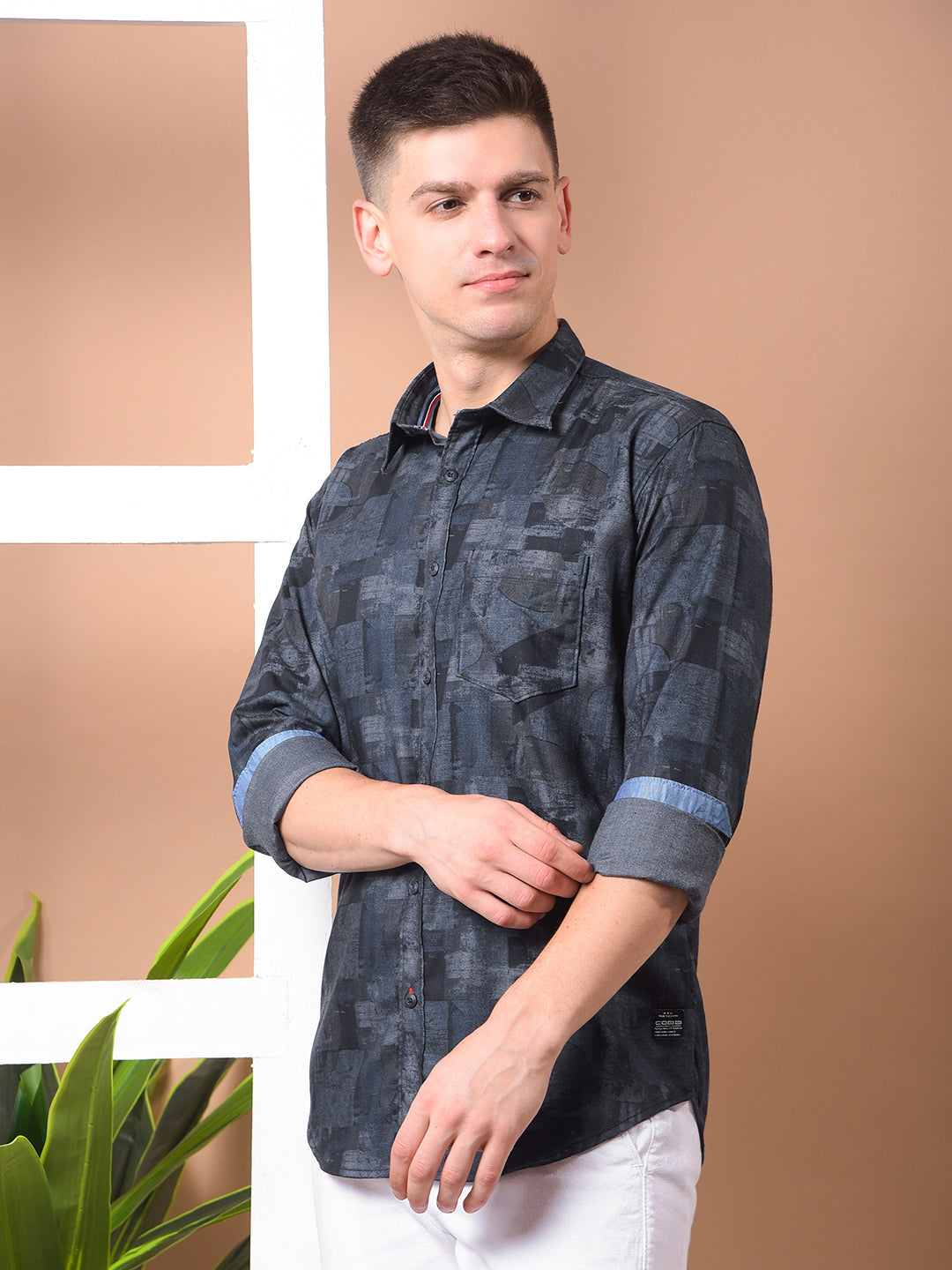 COBB DARK GREY PRINTED SLIM-FIT CASUAL SHIRT