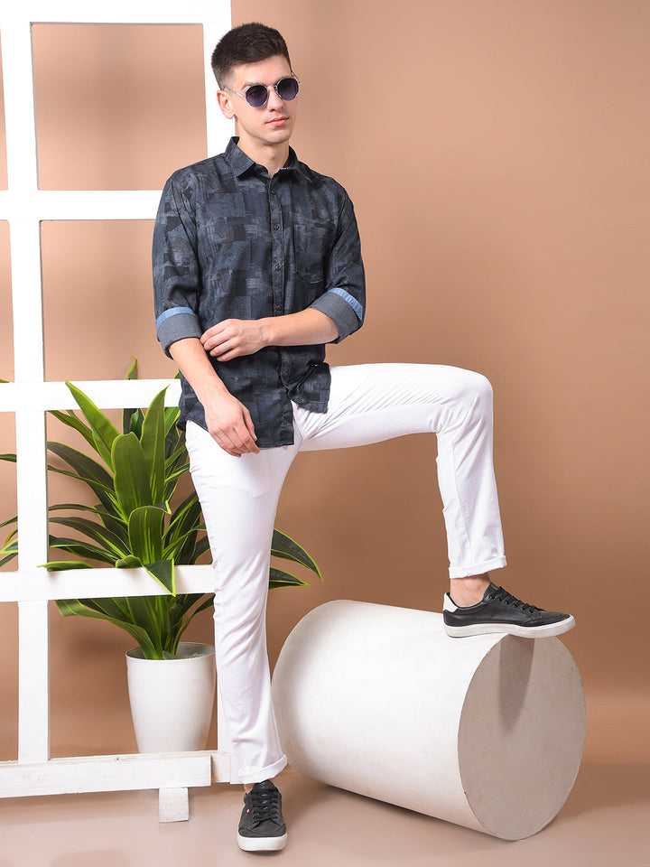COBB DARK GREY PRINTED SLIM-FIT CASUAL SHIRT