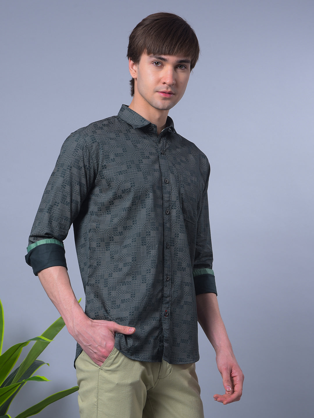 COBB BOTTLE GREEN PRINTED SLIM-FIT CASUAL SHIRT