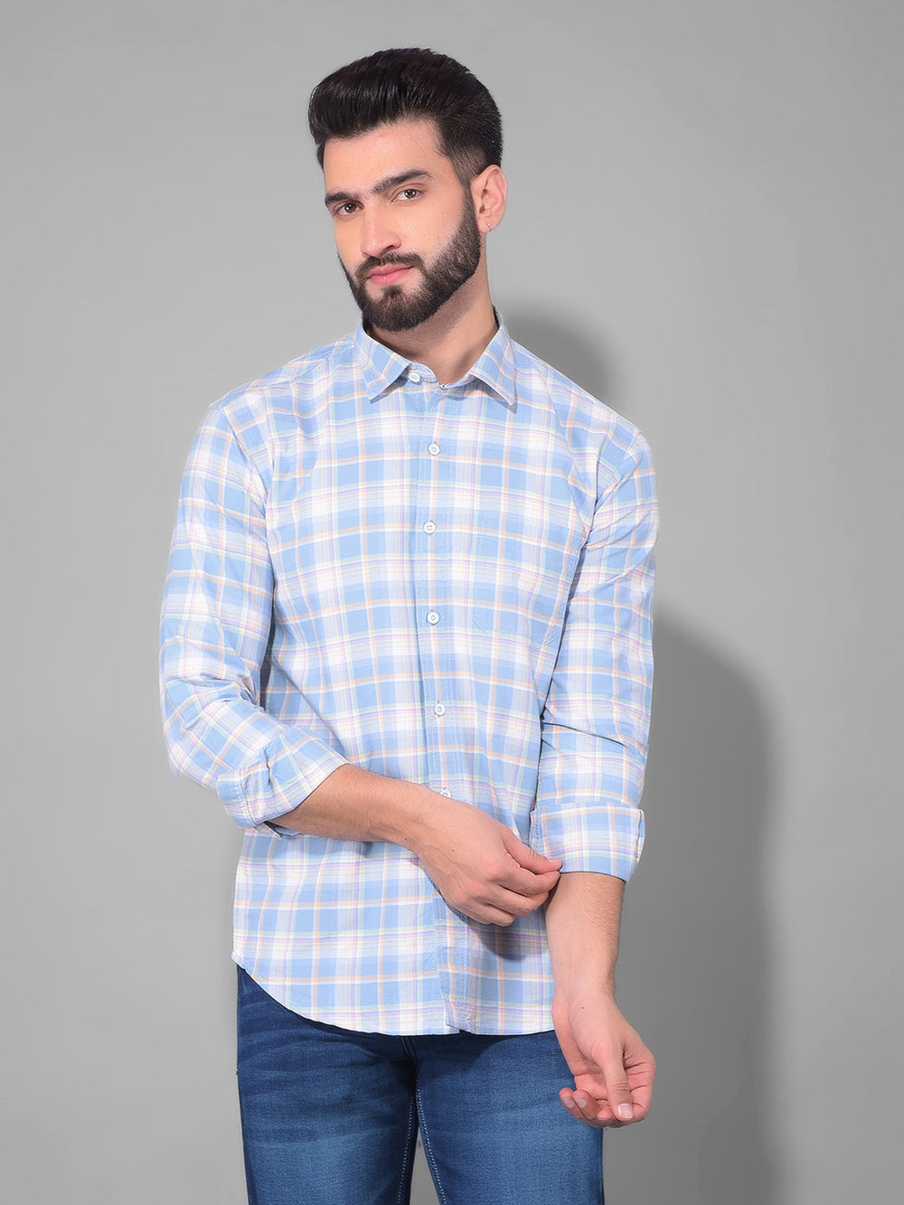 cobb sky blue checked slim fit casual shirt