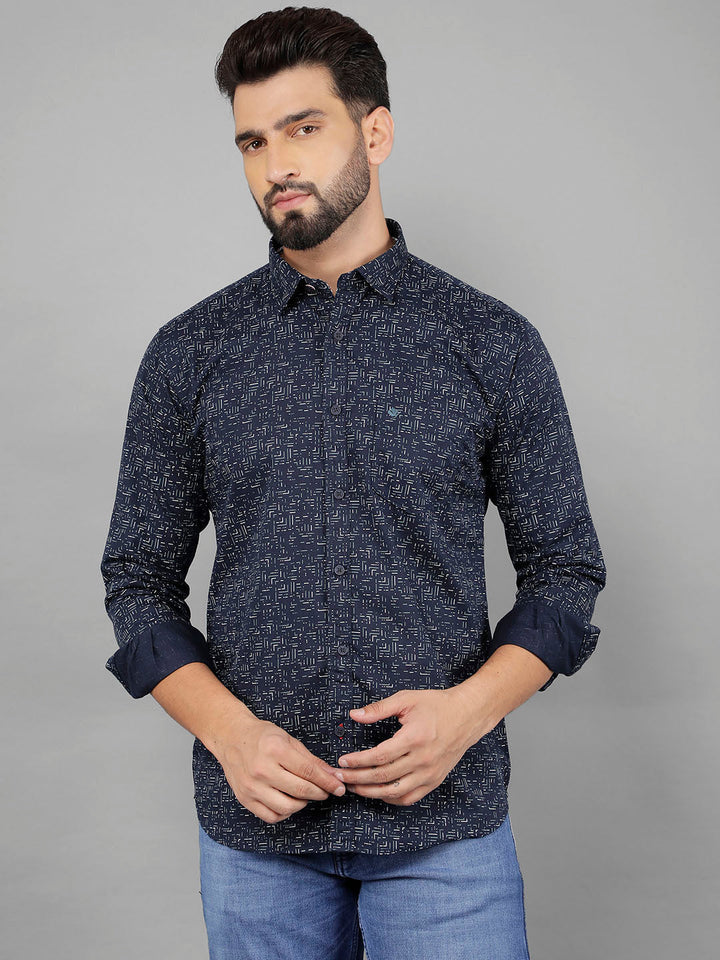 cobb navy blue printed slim-fit casual shirt