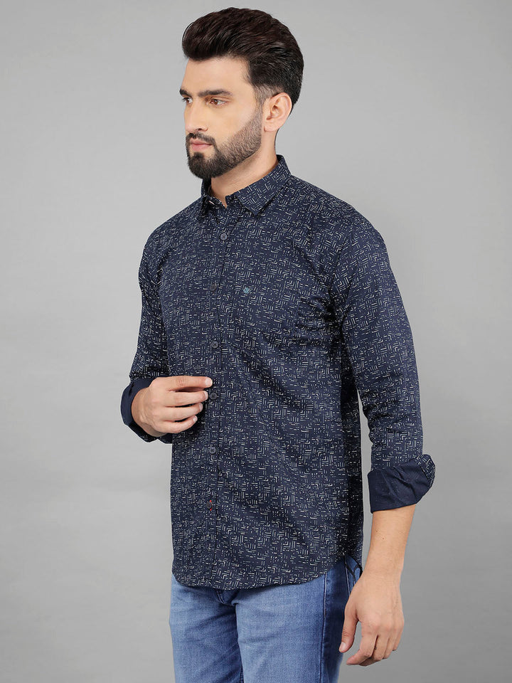 cobb navy blue printed slim-fit casual shirt