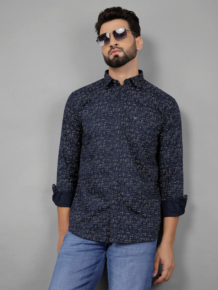 COBB NAVY BLUE PRINTED SLIM-FIT CASUAL SHIRT