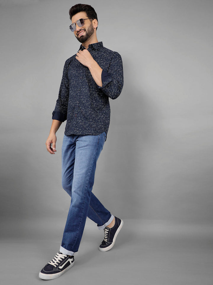 COBB NAVY BLUE PRINTED SLIM-FIT CASUAL SHIRT