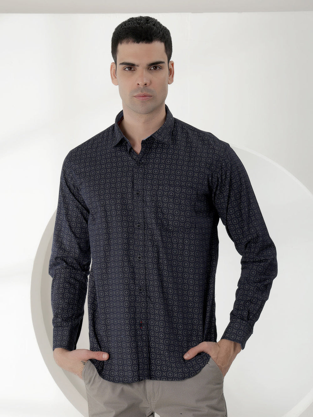 cobb navy blue printed slim-fit casual shirt