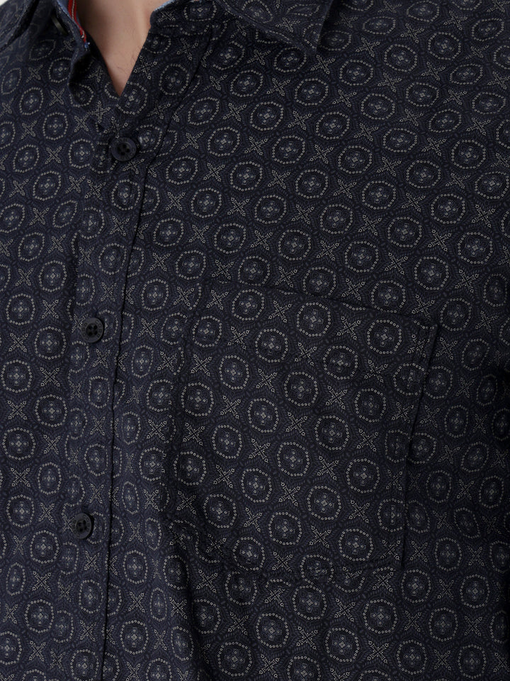 cobb navy blue printed slim-fit casual shirt