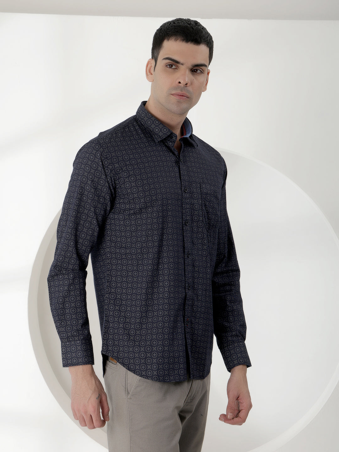 COBB NAVY BLUE PRINTED SLIM-FIT CASUAL SHIRT