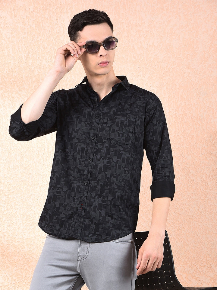 cobb black printed slim-fit casual shirt