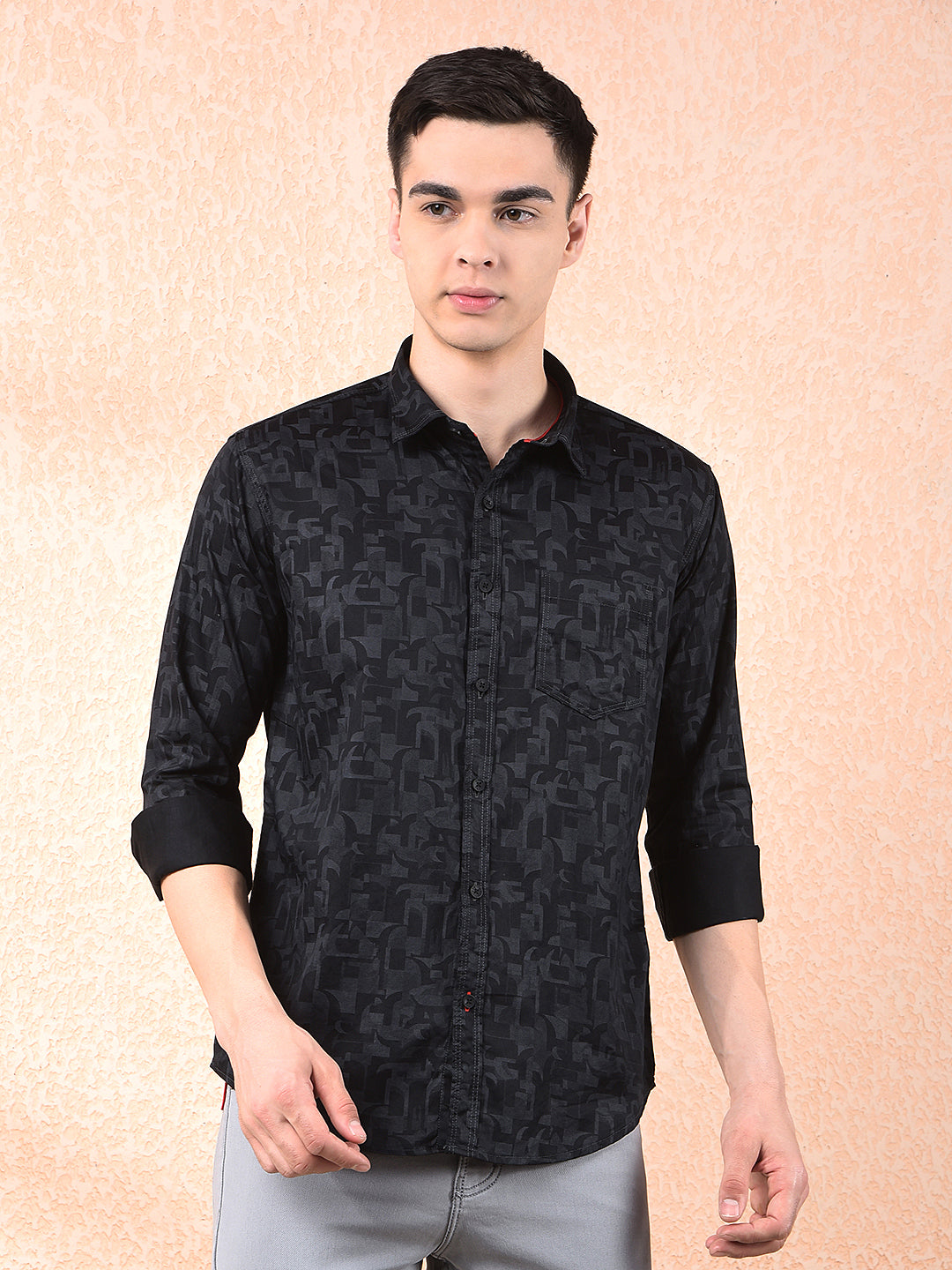 cobb black printed slim-fit casual shirt