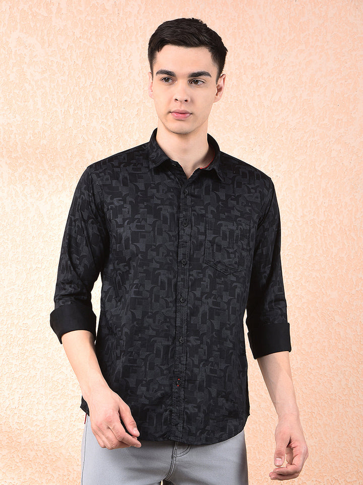 cobb black printed slim-fit casual shirt