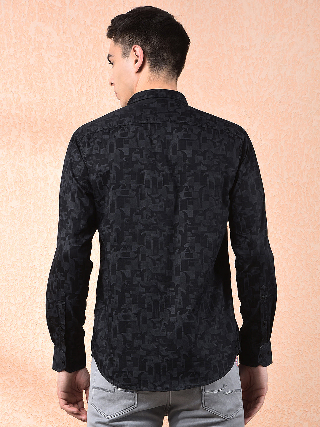 cobb black printed slim-fit casual shirt