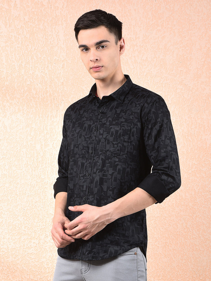 COBB BLACK PRINTED SLIM-FIT CASUAL SHIRT