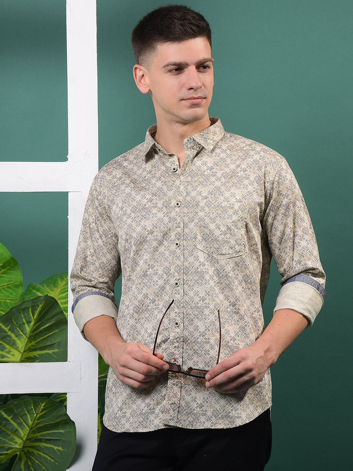 cobb beige printed slim-fit casual shirt