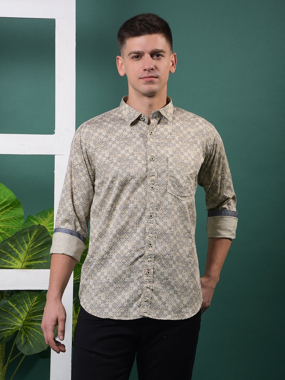 cobb beige printed slim-fit casual shirt